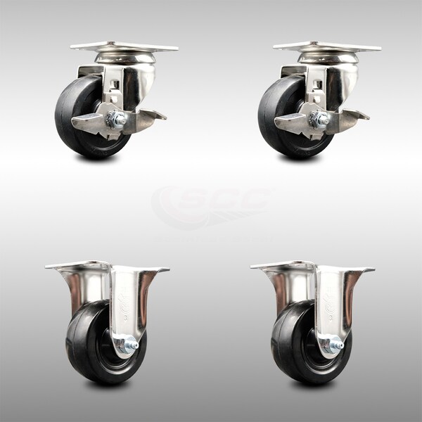 Service Caster 3 Inch 316SS Hard Rubber Wheel Swivel Top Plate Caster Brake 2 Rigid SCC, 2PK SCC-SS31620S314-HRS-TLB-2-R-2 - main